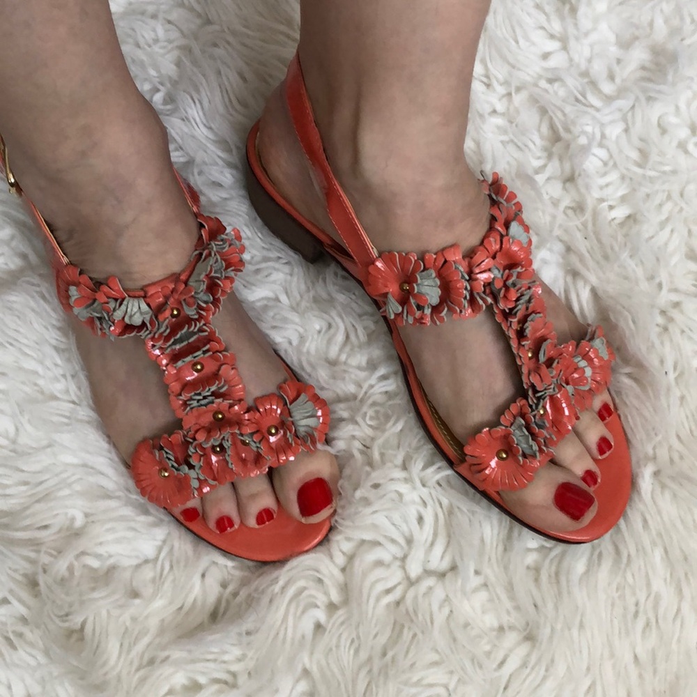J. Crew Aurora Patent T-strap Sandals Size 10 Sweet Papaya (Orange)